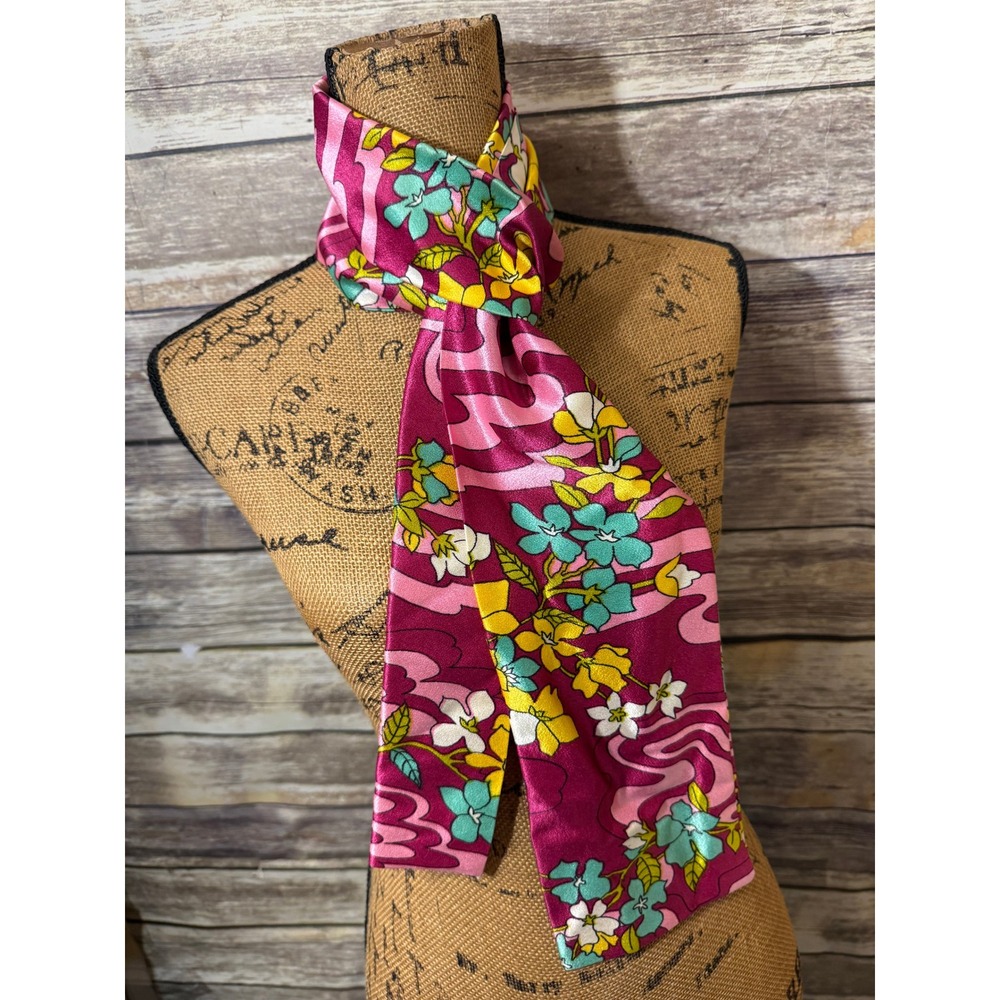 Vintage Pink Floral Skinny Neck Scarf Satin Retro Botanical Print Mod 70s Style